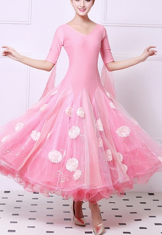 P-7417 모던댄스복 핑크 원피스 브이넥 댄스스포츠 드레스